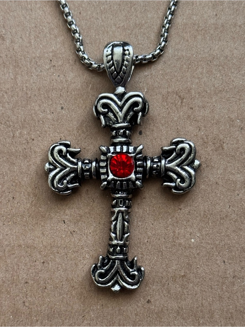 Antique Silver Cross Pendant Necklace with Red Gem